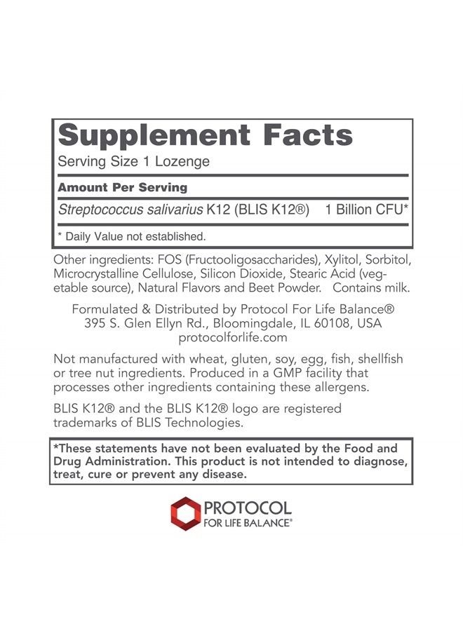 Protocol For Life Balance E.N.T. بيولوجي BLIS K12 بروبيوتيك - يعزز بكتيريا الفم، نفس منعش، صحة الحلق، ودعم استجابة المناعة - 60 حبة مصاصة - Image 2