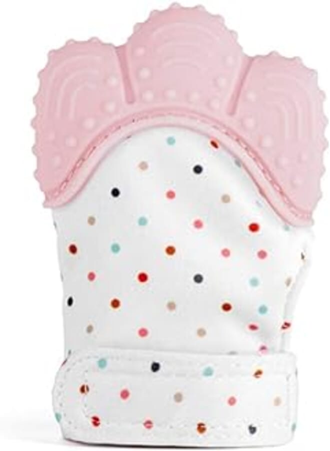 Baby Teething Mittens Self Soothing Pain Relief Mitt Stimulating Teether Toy Prevent Scratches Protection Glove with Travel Bag Stay on Baby Hand, Unisex