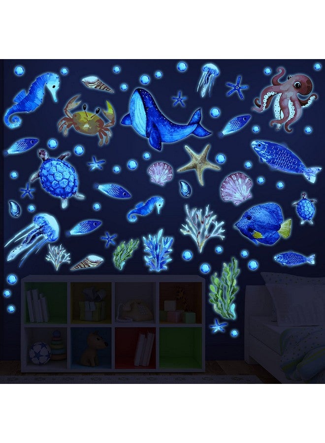 Zonon 97 Pieces Glow In The Dark Sea Wall Decal Stickers Fish Glow Wall Stickers Ocean Wall Decals Removable Glowing Sticker Fluorescent Starfish Shell Waterproof Peel And Stick For Kids Bedroom Decor  - Image 1