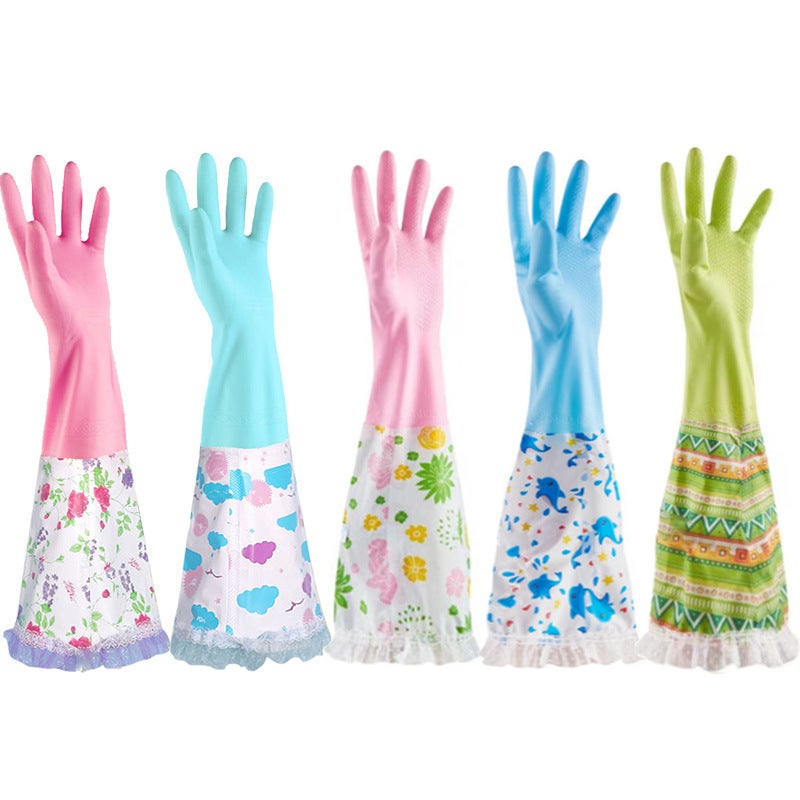 Wash vegetables gloves wash dishes waterproof womens kitchen durable household cleaning rubber latex leather velvet winter washing clothes Long "lace" double plus Velvet Long "lace" double plus Velvet