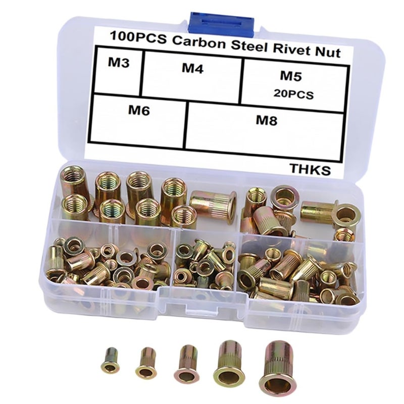Wear resistant upgraded material Veemoon 100pcs Color-zinc Knurled Rivet Nuts Flat Head Insert Nuts Automotive Aviation Furniture and More Easy to Carry Box Light durable upgraded substance - Image 1