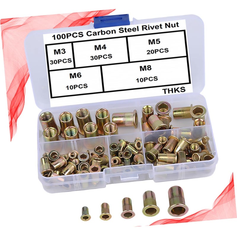 Wear resistant upgraded material Veemoon 100pcs Color-zinc Knurled Rivet Nuts Flat Head Insert Nuts Automotive Aviation Furniture and More Easy to Carry Box Light durable upgraded substance - Image 4