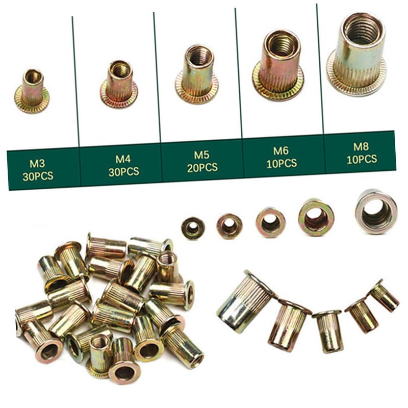 Wear resistant upgraded material Veemoon 100pcs Color-zinc Knurled Rivet Nuts Flat Head Insert Nuts Automotive Aviation Furniture and More Easy to Carry Box Light durable upgraded substance - Image 5