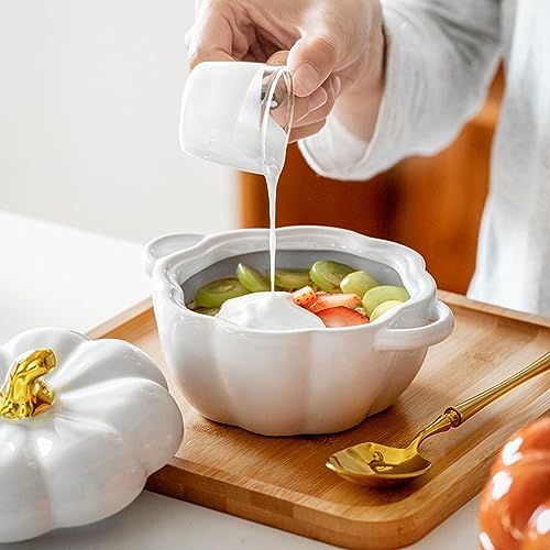 FTNESGYM Pumpkin Ceramic Bowl with Lid, Microwave & Dishwasher Safe Mini Dessert or Soup Bowl with Handle, Decor Dinnerware for Thanksgiving Halloween Pumpkin Party - Image 4