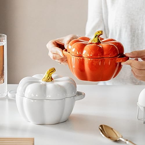 FTNESGYM Pumpkin Ceramic Bowl with Lid, Microwave & Dishwasher Safe Mini Dessert or Soup Bowl with Handle, Decor Dinnerware for Thanksgiving Halloween Pumpkin Party - Image 3