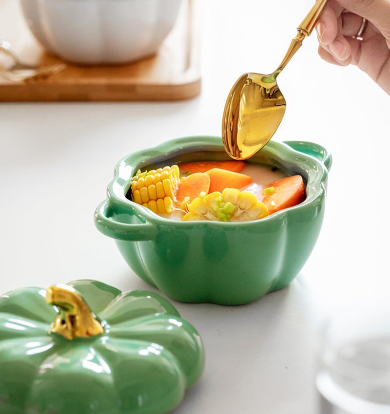 FTNESGYM Pumpkin Ceramic Bowl with Lid, Microwave & Dishwasher Safe Mini Dessert or Soup Bowl with Handle, Decor Dinnerware for Thanksgiving Halloween Pumpkin Party - Image 2