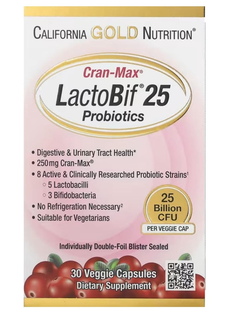 California Gold Nutrition Cran-Max LactoBif 25 Probiotics- 30 Capsules  - Image 1
