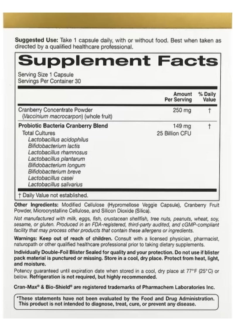 California Gold Nutrition Cran-Max LactoBif 25 Probiotics- 30 Capsules  - Image 2
