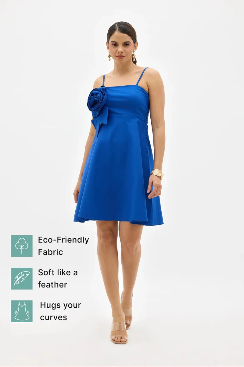 فيرجيو Cotton Stretch Party Wear Rosette Applique Dresses for Women