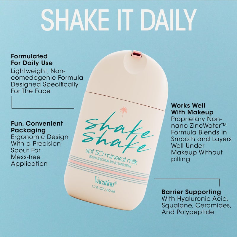 Vacation Shake Shake SPF 50 Mineral Milk Face Sunscreen, Non-Comedogenic, Streak-Free, Water-Resistant Broad Spectrum Sun Block, Non-Nano Zinc Formula, Vegan, Moisturizer with SPF, 1.7 Fl. Oz. - Image 5