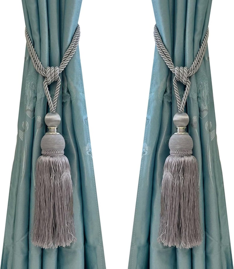 SWTool Selling Wonderful Curtain Holdbacks Curtains Tiebacks Home Decorative Braided Buckle Fastener Accessories Window Drapery Ball Tassels Tiebacks, Set of 2 (Silver Grey) - Image 1