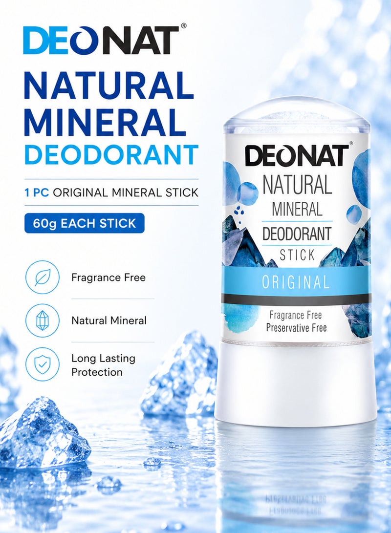 DEONAT Natural Mineral Deodorant Stick Original 60g Pure Crystal Alum Deodorant Chemical Free Fragrance Free Preservative Free Long Lasting Odor Protection Natural Antibacterial Underarm Deodorant for Men and Women All Skin Types Pack of 1 - Image 1