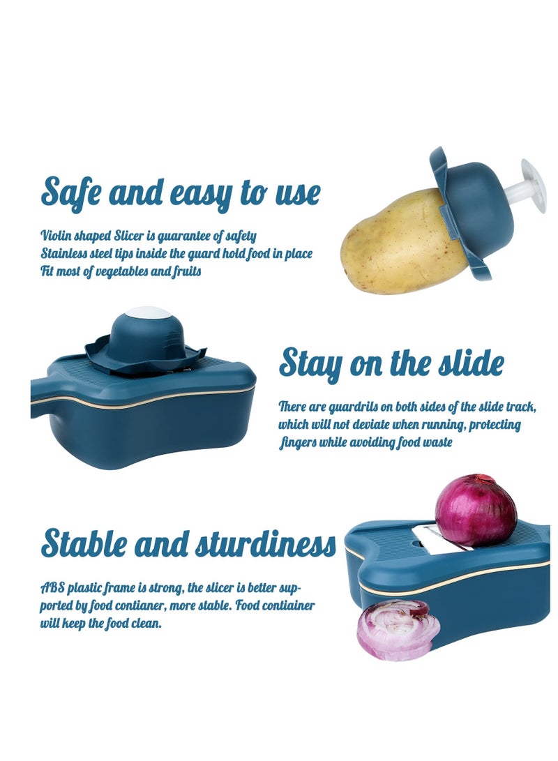 SYOSI Vegetable Slicer and Grater, Violin Shaped 5 in 1 Multifunctional Slicer, Kitchen Vegetable Chopper Slicer with 5 Blades, Potato Shredded Grater, Onion Chopper, Tomato Lemon Slicer, Vegetable Peeler - Image 5