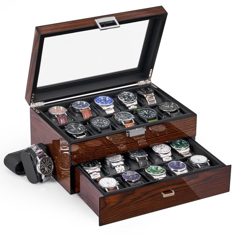 BEWISHOME Watch Box, 20 Slots Watch Case for Men - Luxury Watch Organizer with Glass Top,Smooth Faux Leather Interior, Brown SSH04Y - Image 1