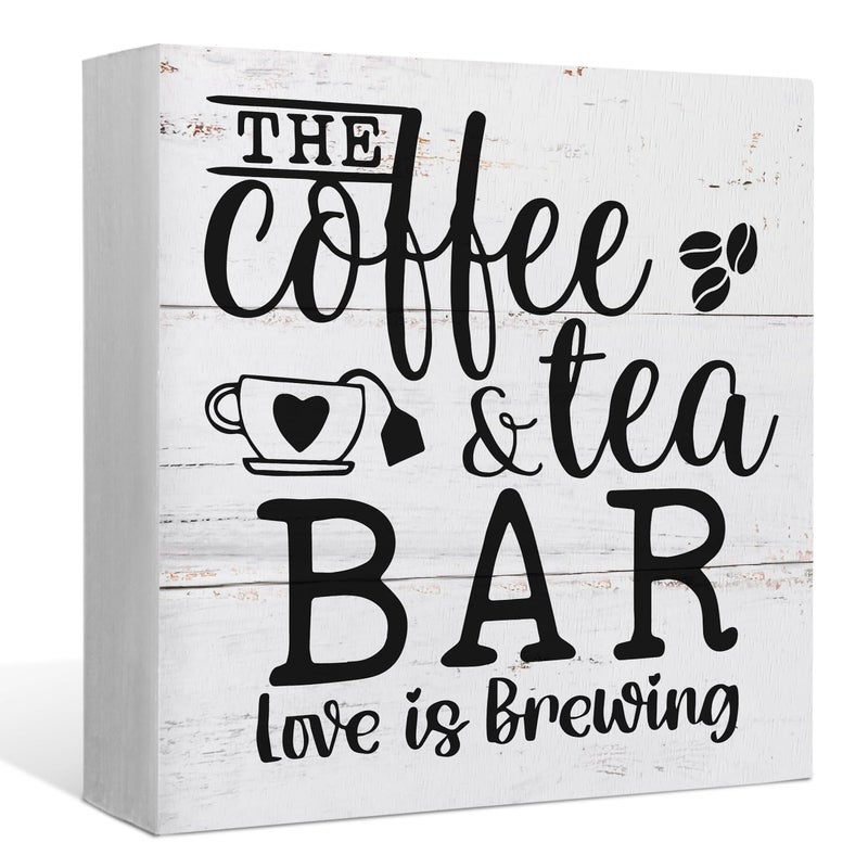 EIONEY The Coffee and Tea Bar Love is Brewing Wood Box Sign Desk Decor Rustic Wooden Block Sign Decorations for Home Kitchen Office Coffee and Tea Bar Wall Tabletop Shelf Decor - Image 1