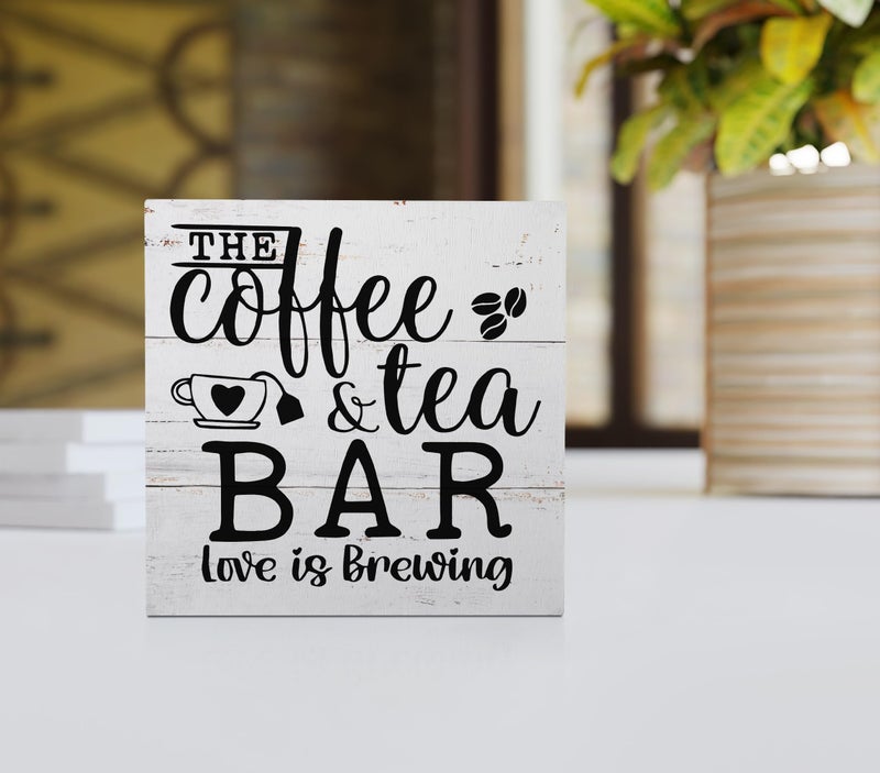 EIONEY The Coffee and Tea Bar Love is Brewing Wood Box Sign Desk Decor Rustic Wooden Block Sign Decorations for Home Kitchen Office Coffee and Tea Bar Wall Tabletop Shelf Decor - Image 2