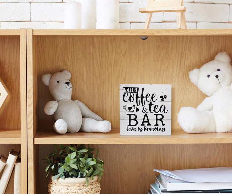 EIONEY The Coffee and Tea Bar Love is Brewing Wood Box Sign Desk Decor Rustic Wooden Block Sign Decorations for Home Kitchen Office Coffee and Tea Bar Wall Tabletop Shelf Decor - Image 4