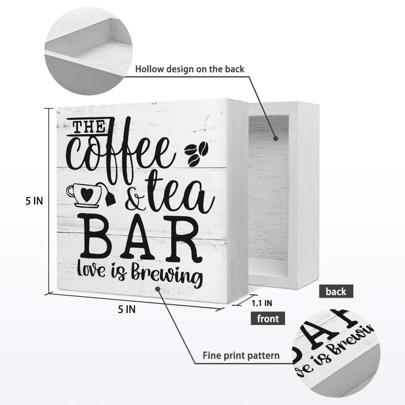 EIONEY The Coffee and Tea Bar Love is Brewing Wood Box Sign Desk Decor Rustic Wooden Block Sign Decorations for Home Kitchen Office Coffee and Tea Bar Wall Tabletop Shelf Decor - Image 5