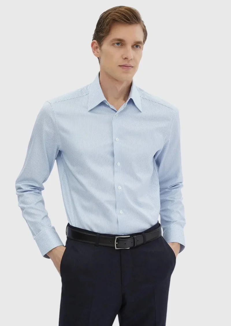 رامسي قميص قطني كلاسيكي مخطط باللون الأزرق، بقصة عادية، مصنوع من القطن الخالص ١٠٠٪