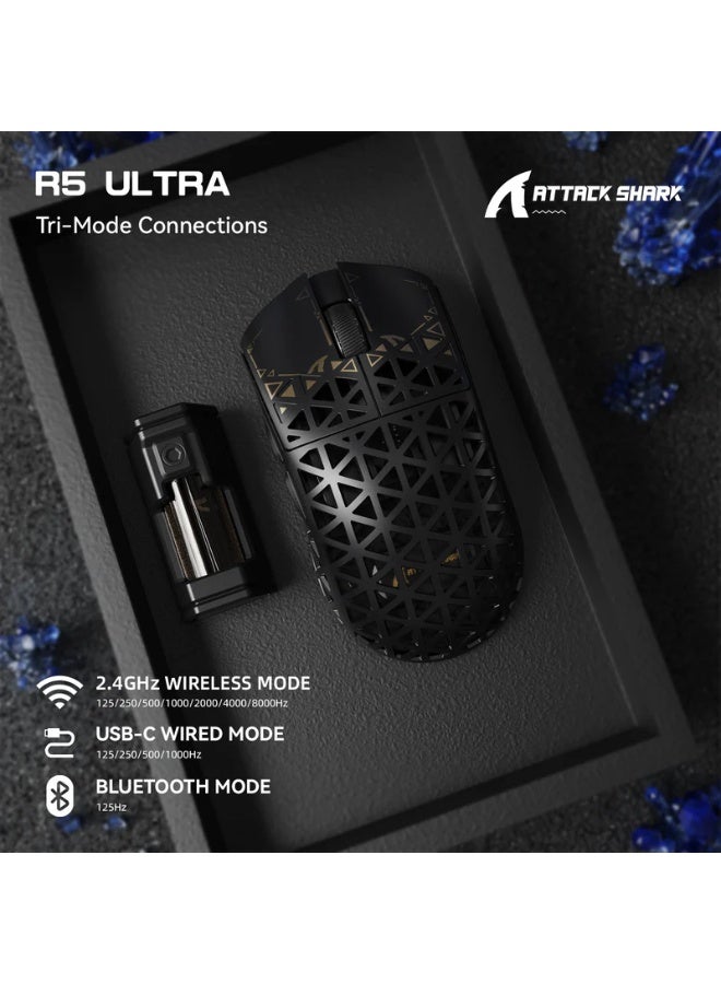 هجوم القرش ماوس الألعاب اللاسلكي R5 Ultra، مصنوع من ألياف الكربون بوزن 39 غرامًا، مزود بمستشعر PAW3950MAX، ودقة 42000 نقطة في البوصة، ومعدل استجابة 8000 هرتز، وثلاثة أوضاع (بلوتوث/2.4 جيجا هرتز/سلكي)، ماوس FPS فائق الخفة بمفاتيح Omron وإضاءة RGB | أسود - Image 3