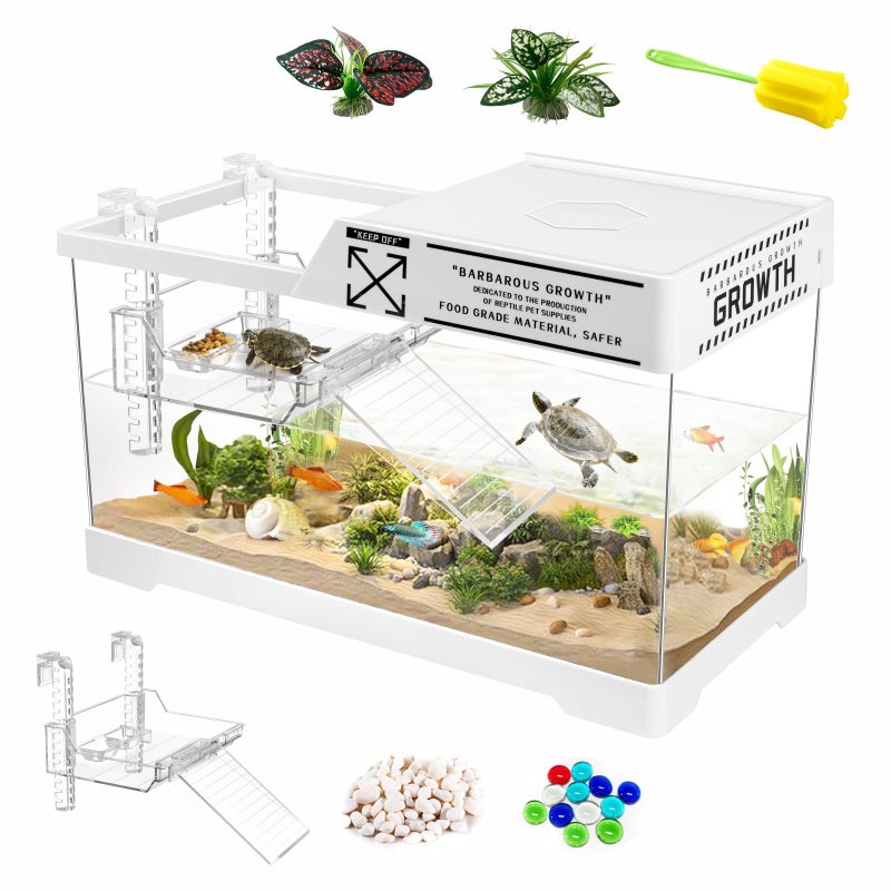 GOZILLA Aquatic Turtle Tank,Upgrade PC Turtle Tank Starter Kit, Reptile Habitat with Lid,Hanging Basking Platform, Bottom Drainage for Turtles,Crabs,Shrimps and Small Reptiles. (15.75Ã—7.9Ã—9''/White) - Image 1