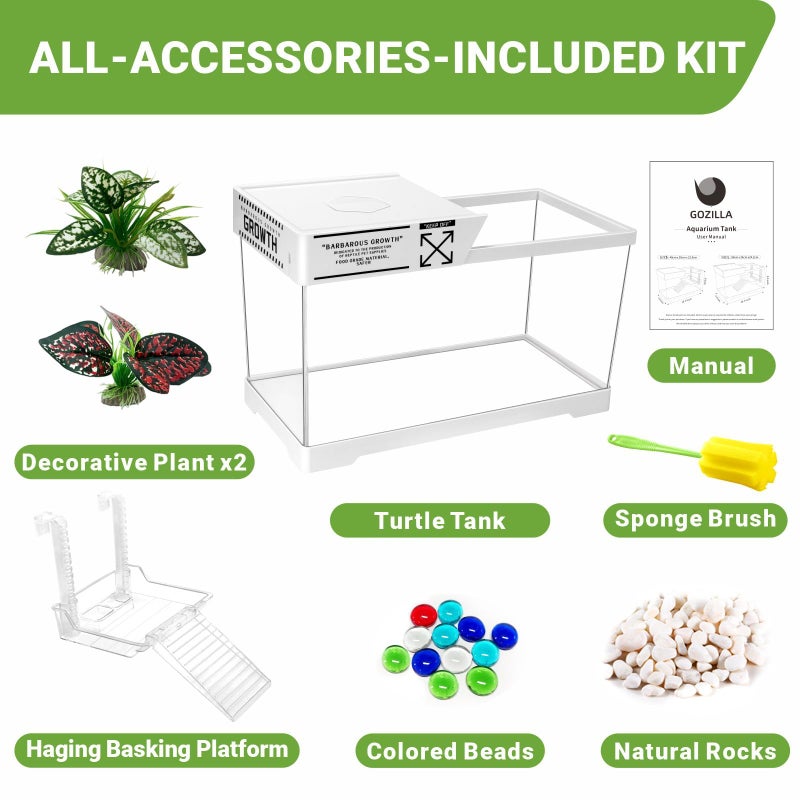 GOZILLA Aquatic Turtle Tank,Upgrade PC Turtle Tank Starter Kit, Reptile Habitat with Lid,Hanging Basking Platform, Bottom Drainage for Turtles,Crabs,Shrimps and Small Reptiles. (15.75Ã—7.9Ã—9''/White) - Image 3