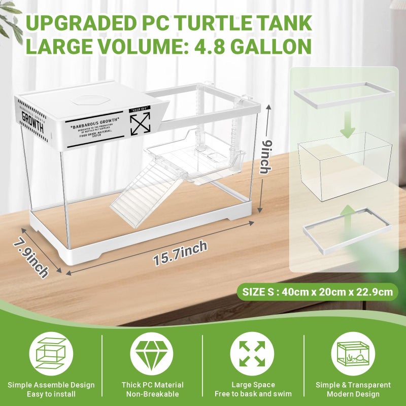 GOZILLA Aquatic Turtle Tank,Upgrade PC Turtle Tank Starter Kit, Reptile Habitat with Lid,Hanging Basking Platform, Bottom Drainage for Turtles,Crabs,Shrimps and Small Reptiles. (15.75Ã—7.9Ã—9''/White) - Image 2