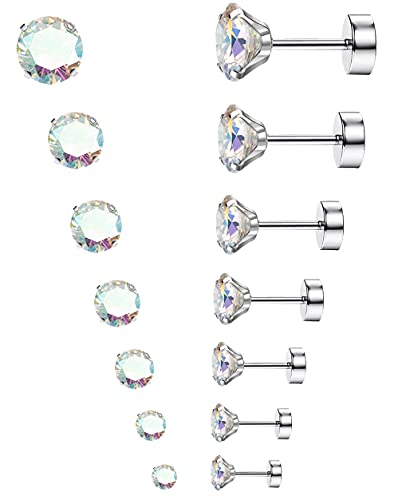 MJust Hypoallergenic Flat Back Earrings for Women & Men, 7 Pairs Stainless Steel Stud Earrings with Flat Backs, Screw Back Cartilage Earrings Set with CZ for Sensitive Ears (AB) - Image 1