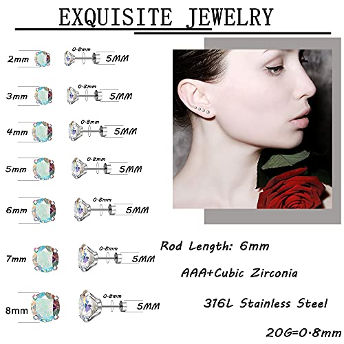 MJust Hypoallergenic Flat Back Earrings for Women & Men, 7 Pairs Stainless Steel Stud Earrings with Flat Backs, Screw Back Cartilage Earrings Set with CZ for Sensitive Ears (AB) - Image 3
