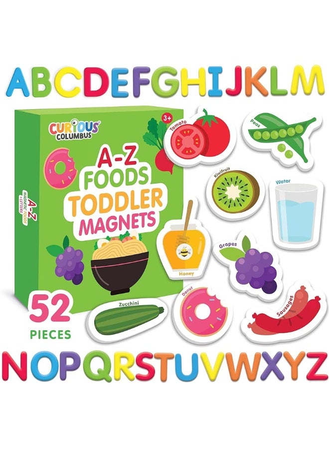 Curious Columbus - Fridge Magnets for Toddlers - Learning Magnets for Toddlers - Set of 52 Toddler Magnets - 26 Big Foam Food Magnets + 26 ABC Alphabet Magnets - Fun Refrigerator Magnets for Kids - Image 1