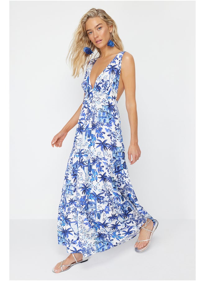 trendyol - Tropical Patterned Maxi Woven Backless Beach Dress TBESS24EL00009 - Image 1