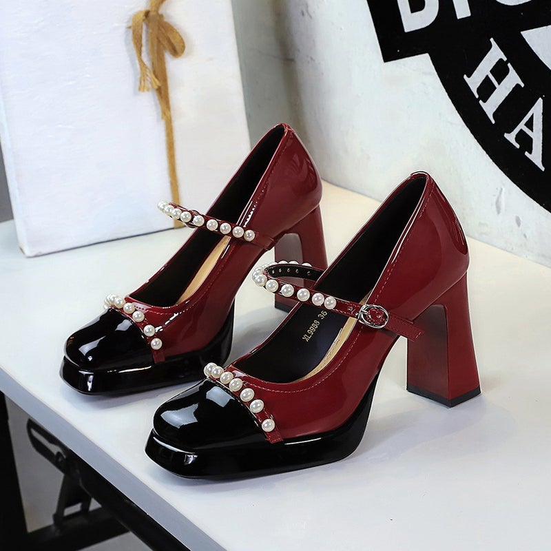 9988-H112 Retro Chanel-Style Square-Toe Chunky Heel Mary Jane Shoes For Women, Waterproof Platform Pearl High-Heeled Shoes For Women - Image 2