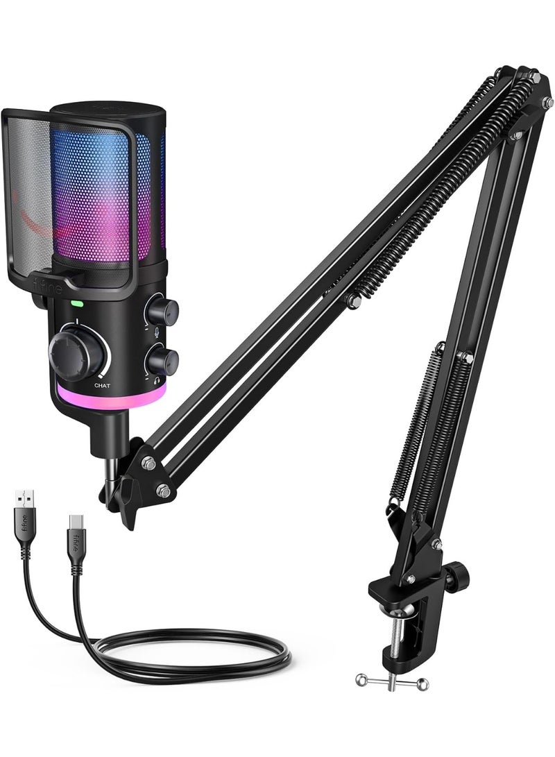 FIFINE AM6T USB Streaming Microphone for PC Gaming with RGB, Noise Cancellation, Game/Chat Mixer, Boom Arm & Pop Filter - Image 1