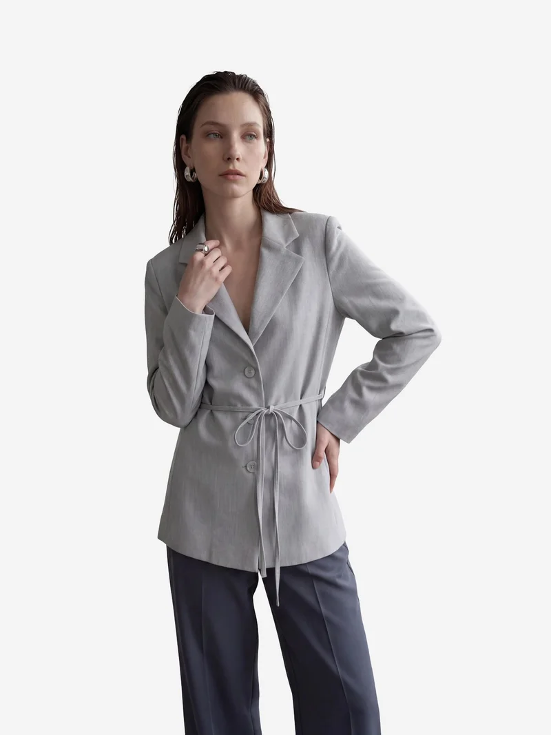 My Fashion Grey MY FASHION Tie Detail Crepe Blazer Jacket for Women | Best Price UAE