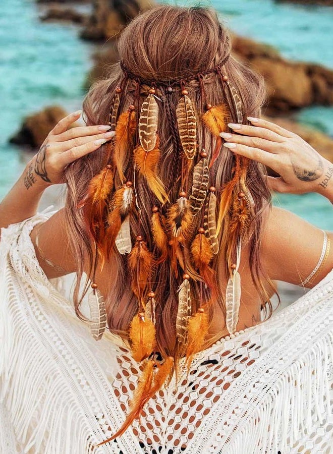 GENBREE Boho Feather Headband Gypsy Headpiece Bohemian Hippie Headbands Indian Hair Band Long Feather Hair Accessories for Women (Pattern 1)  - Image 1
