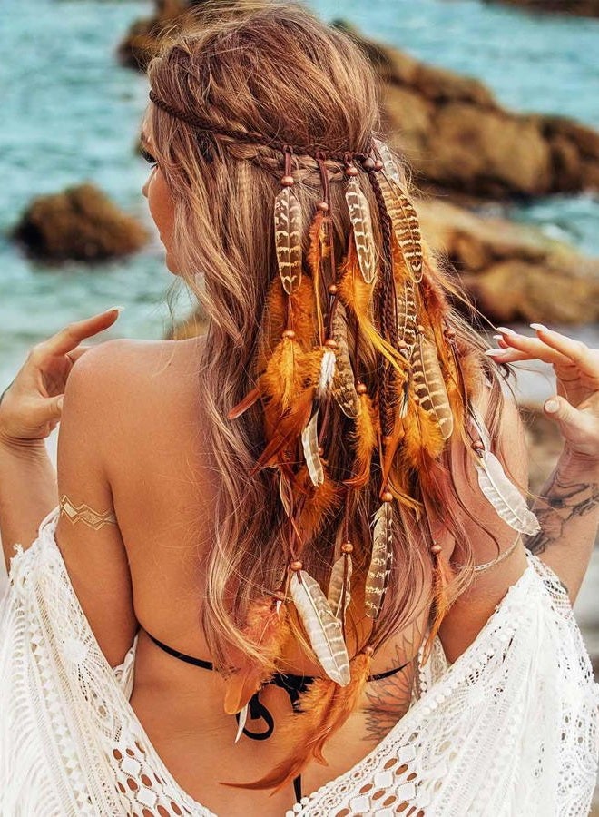 GENBREE Boho Feather Headband Gypsy Headpiece Bohemian Hippie Headbands Indian Hair Band Long Feather Hair Accessories for Women (Pattern 1)  - Image 3