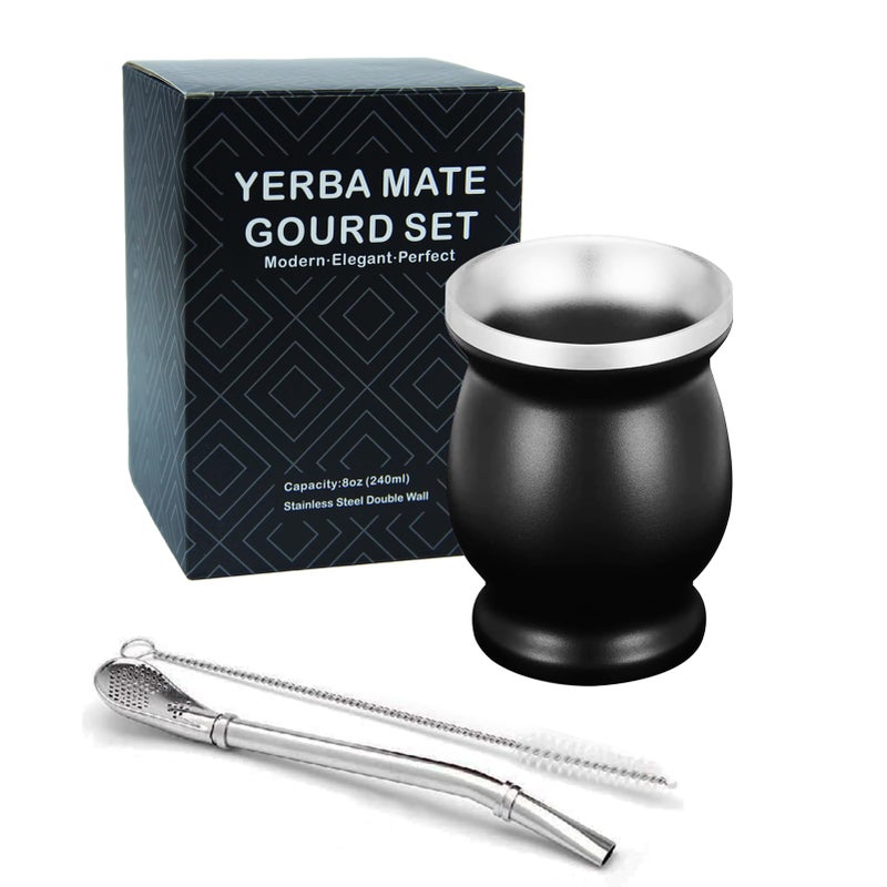 LA FEE Yerba Mate Natural GourdTea Cup Set Brown Original Traditional Mate Cup  8 OuncesIncludes Yerba Mate Straw  Cleaning BrushStainless Steel  DoubleWalled  Easy to Clean Black