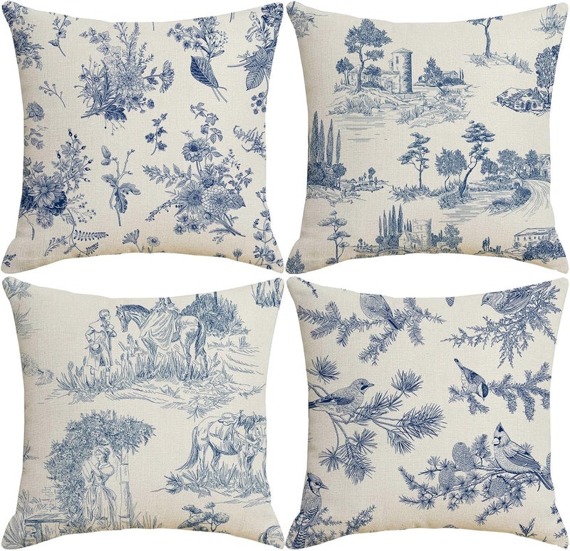 KASTWAVE Toile Throw Pillow Covers 18x18 inch Set of 4 French Country Pillow Cases Vintage Blue Chinoiserie Decorative Cushion Covers for Sofa Living Room - Image 1