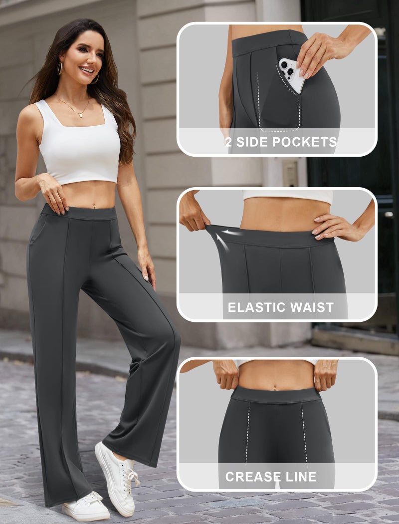 DLOODA Womens Dress Work Pants Business Casual Slacks Stretchy Wide Leg Trousers with Pockets High Waist Pull On Dark Grey - Image 5