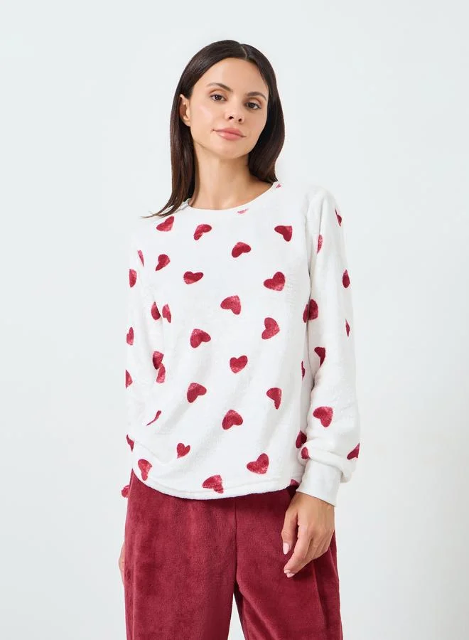 Styli Women Heart Print Fleece Top and Pyjama Set