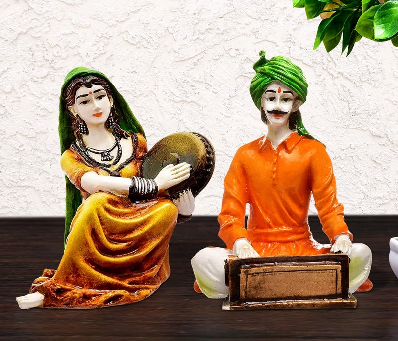 Karigaari India Polyresine Set of 2 Rajasthani Cultures Figurines Playing InstrumentsDecorGifting OptionBest for Office Decor
