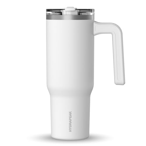 Hydrapeak Voyager 32 oz Tumbler with Handle and Straw Lid Reusable Stainless Steel Water Bottle Travel Mug Cupholder Friendly Insulated Cup White