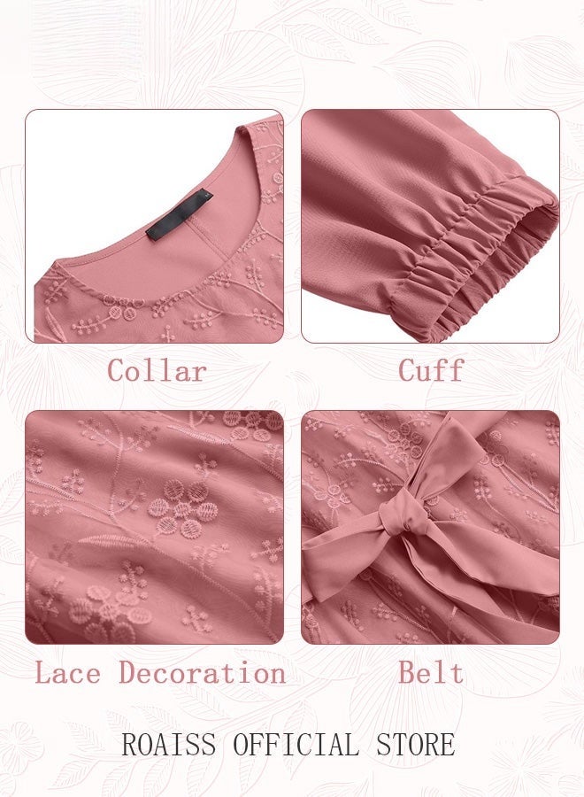 Women's Long Dress Round Neck Gown Lace Decoration Long Sleeve Waisted Loose Long Dress Pink - Image 4