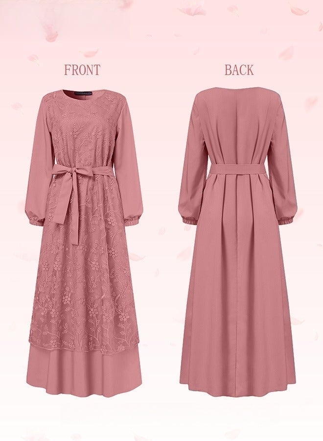 Women's Long Dress Round Neck Gown Lace Decoration Long Sleeve Waisted Loose Long Dress Pink - Image 3