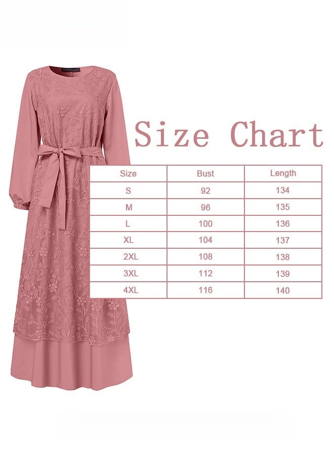 Women's Long Dress Round Neck Gown Lace Decoration Long Sleeve Waisted Loose Long Dress Pink - Image 5