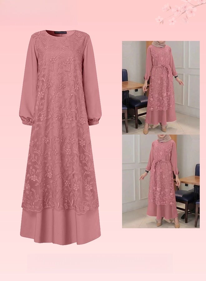 Women's Long Dress Round Neck Gown Lace Decoration Long Sleeve Waisted Loose Long Dress Pink - Image 1