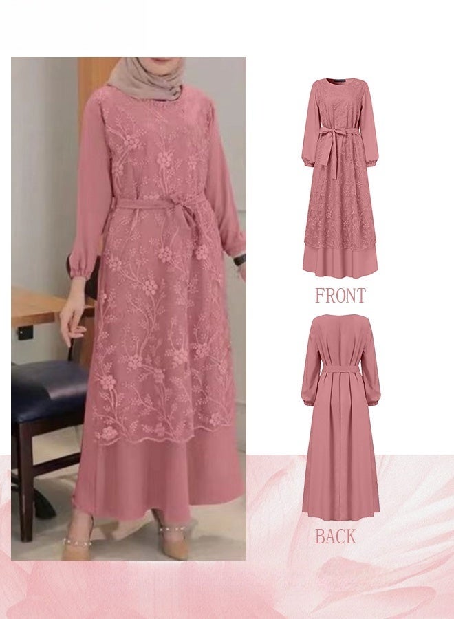 Women's Long Dress Round Neck Gown Lace Decoration Long Sleeve Waisted Loose Long Dress Pink - Image 2
