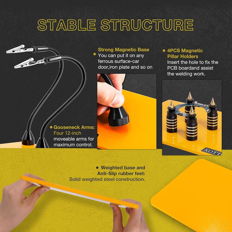 KOTTO Helping Hands Soldering, Third Hand Soldering Tools PCB Holder Four Arms Helping Hands Crafts Jewelry Hobby Workshop Helping Station Non-slip Steel Weighted Base - Image 2