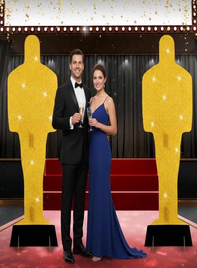 Cinnvoice سينفويس قطعتان تمثال ذهبي كبير للأفلام بطول 6.56 قدم، مصنوع من الكرتون المقوى، تمثال جائزة ذهبية، مجسمات بلاستيكية من الكرتون المقوى، دعائم أفلام قائمة، مجسمات PVC مقاومة للماء، مناسبة لحفلات السجادة الحمراء، ديكور منزلي داخلي وخارجي - Image 1