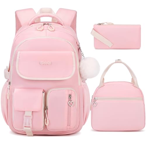 DIGOBAY Backpacks for Girls 3PCS School Backpack with Lunch Box Pencil Pouch for Teen Girls Kids Elementary Primary Middle High College School Bookbag Set Pink - Image 1